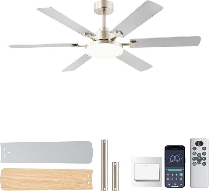NKPU 56 Inch Ceiling Fans with Lights, Large Modern Nickel Ceiling Fan with Light and Remote Control, 6 Double Sided Blades, 6 Speed DC Motor, Dimmable LED, Silent Timing, Indoor Outdoor Patio Use