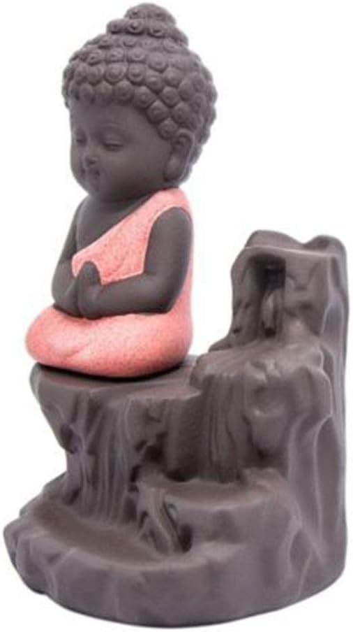 Incense Burner Smoke Waterfall Backflow Holder Ceramics Porcelain Buddha Little Monk Tower Cones Sticks Ash Catcher(Red)
