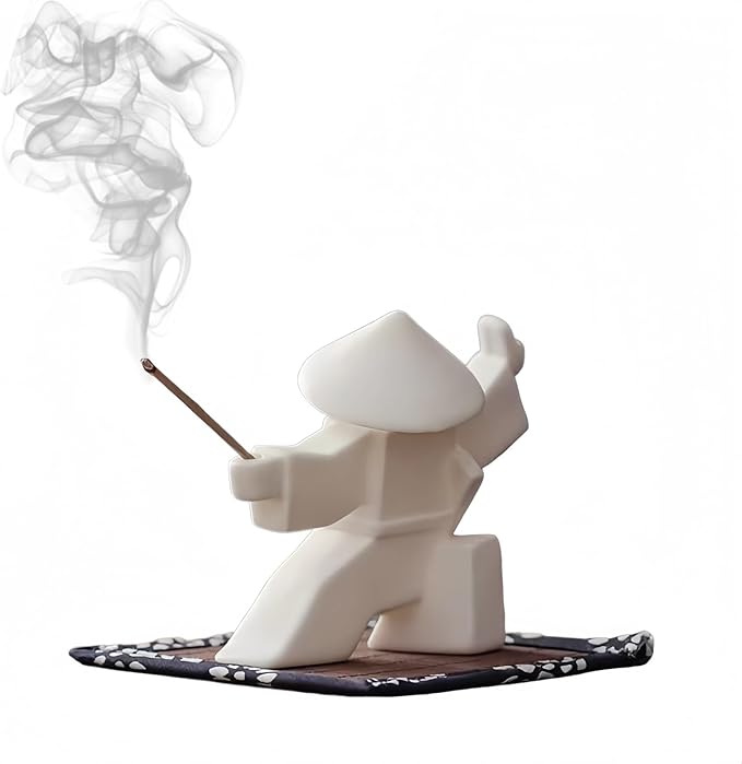 Ceramic Samurai Incense Holder & Tea Pet - Hand-Painted Japanese Warrior Statue, Terracotta Zen Decor for Home/Office (3.5", White/Green) (White B)