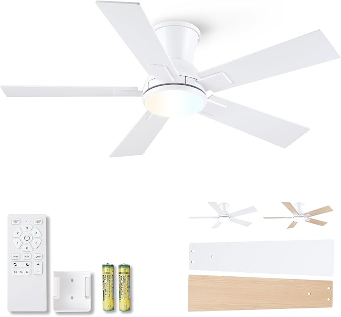Modern Ceiling Fans with Lights - 42" Low Profile Ceiling Fan with Light and Remote, Flush Mount Reversible DC Motor, 6-Speed Quiet LED Dimmable for Bedroom, Indoor and Outdoor, Patios White
