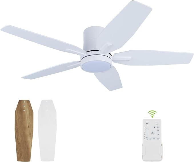 42" Flush Mount Ceiling Fan - 5 Blades Modern Ceiling Fan with Light for Living Room and Bedroom - Quiet DC Motor - Dimmable - Reversible Function - White