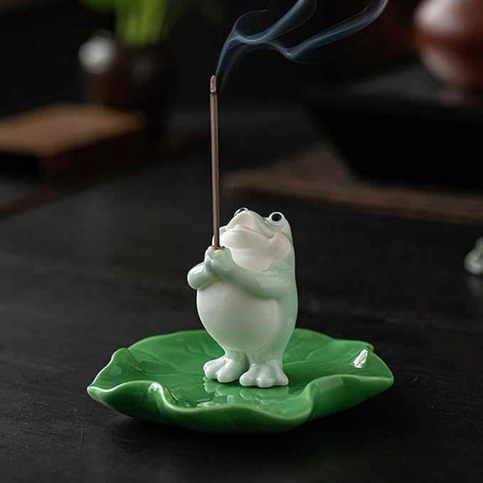 Frog Incense Holder for Sticks, Ceramic Incense Holder Cute Frog Figurines Incense Stick Holder, Insence-Sticks Burner Incense Burner Holder for Yoga Meditation Home Office Decor (with Ash Catcher)
