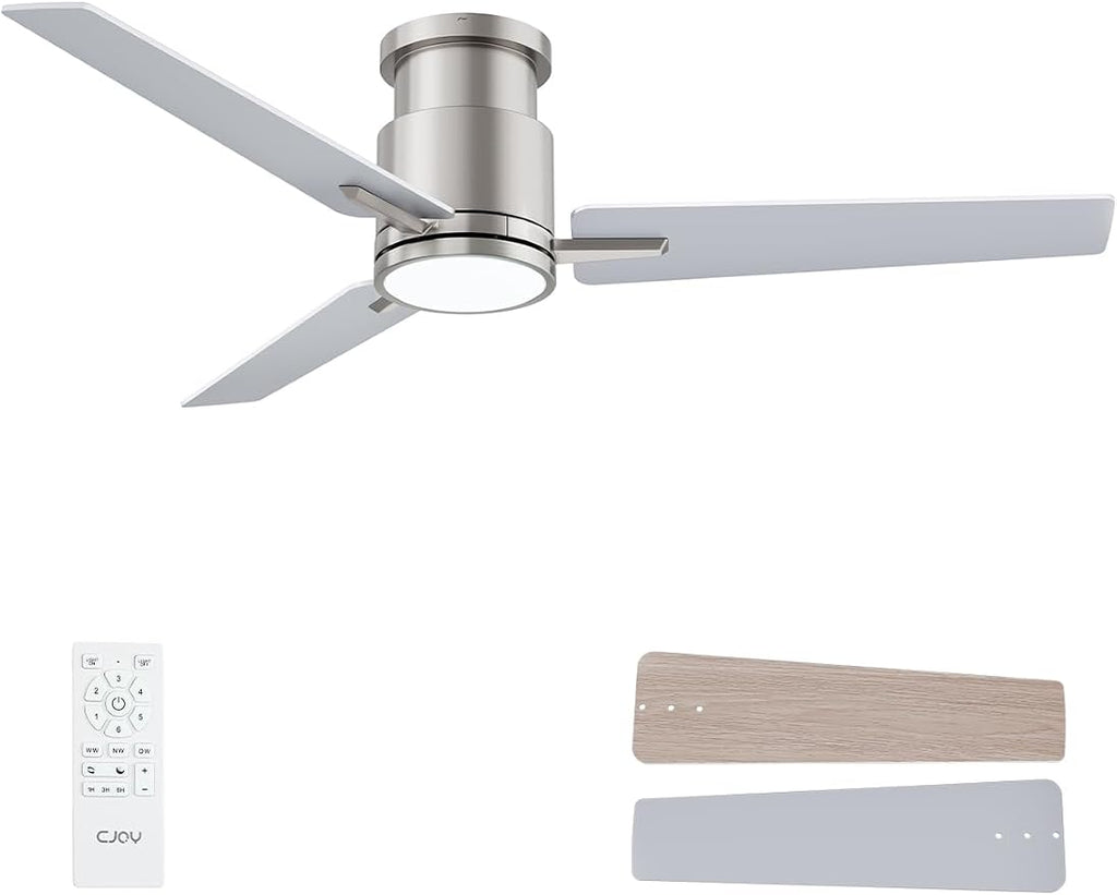 CJOY 52" Low Profile Ceiling Fan with Light and Remote, Brushed Nickel Ceiling Fans, 6 Speed Reversible DC Motor, 3CCT Dimmable LED- Flush Mount Design for Bedroom, Living Room & Covered Outdoor