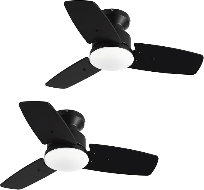 Conciseer 30 Inch Ceiling Fans with Lights and Remote, Bedroom Living Room Office, Flush Mount, 6CCT Dimmable, Dual Color 3 Blades, 6 Speed Reversible Quiet DC Motor, Black/Wood Grain, 2 Pack