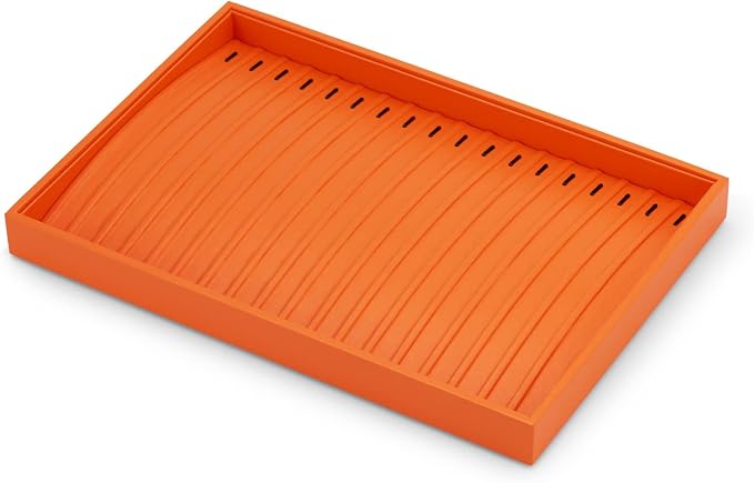 Oirlv Orange Leather Jewelry Necklace Display Tray | Orange leather exterior, soft microfiber interior, chain slots, keeps necklaces organized and visible, bold color