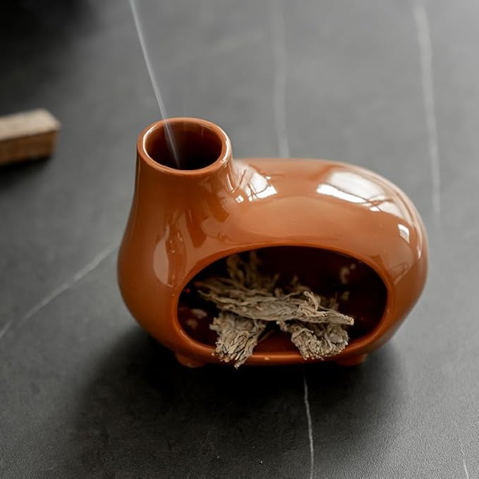 Terracotta Palo Santo Holder Burner with Chimney & Elevated Feet, Mess-Free Design for Meditation & Yoga, Holds Palo Santo Sticks, Sage & Cones – Ceramic Palo Santo Holder Set with Brush & Tweezer