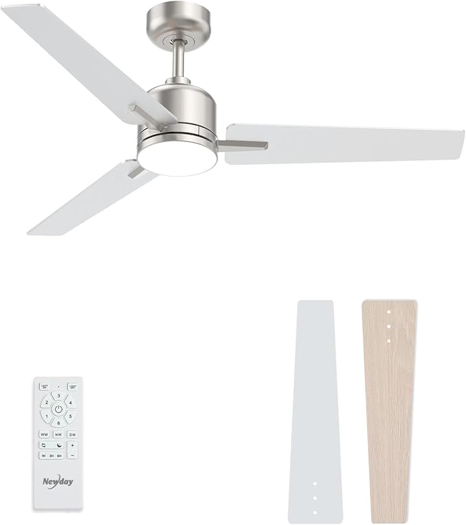 52 inch Ceiling Fans with Lights and Remote, Brushed Nickel Ceiling Fans Dimmable 3 Color Temperature, Timer, 3 Blades, 6 Speed Modern Fan Quiet Reversible DC Motor for Indoor or Covered Outdoor