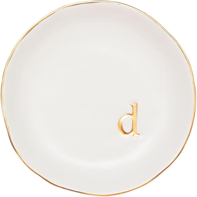 COLLECTIVE HOME Ceramic Jewelry Tray, Trinket Dish, Gifts for Women (D) | Mother's Day, Birthday, Christmas, Engagement Gifts, Vanity, Nightstand Decor, Embossed Gold Monogram Ring Dish with Gift Box