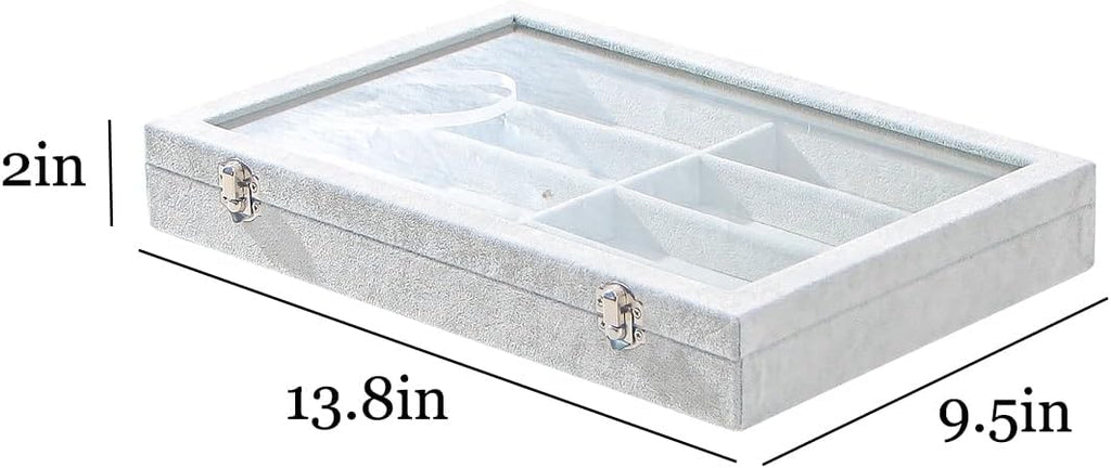 Coward Sunglass Organizer Tray Box, Grey Beige Velvet Eyeglasses Display Tray Case with Transparent Glass Lid for Home Use or Store Shop Selling Show