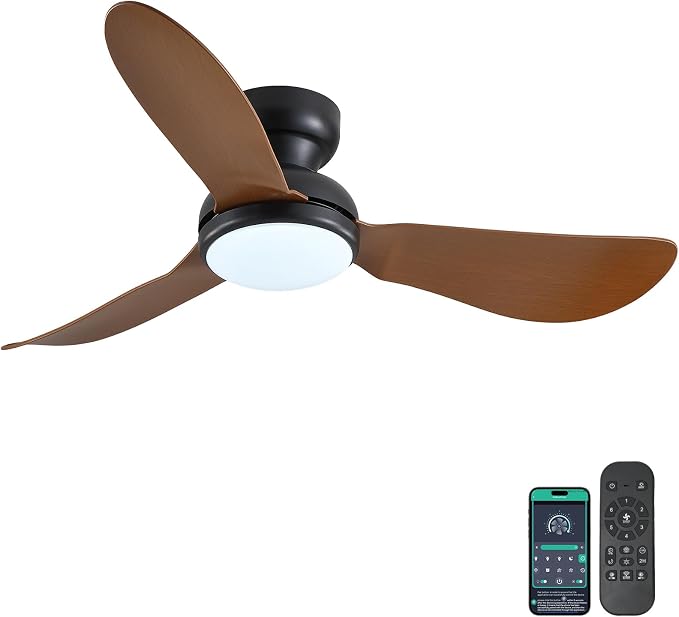 Kviflon 46 Inch Modern Ceiling Fans with Lights, Flush Mount Ceiling Fan, Remote/APP Control, 3 Reversible Curved Blades, 6 Speeds, 3 CCT Dimmable LED Lights for Living Room Bedroom, Brown