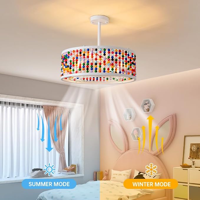 Ceiling Fans with Lights and Remote and Downrod, Caged Ceiling Fan with Handcrafted Beaded Décor 6 Speeds Reversible 19 inches Bulbs Included for Angled Ceiling, Colorful