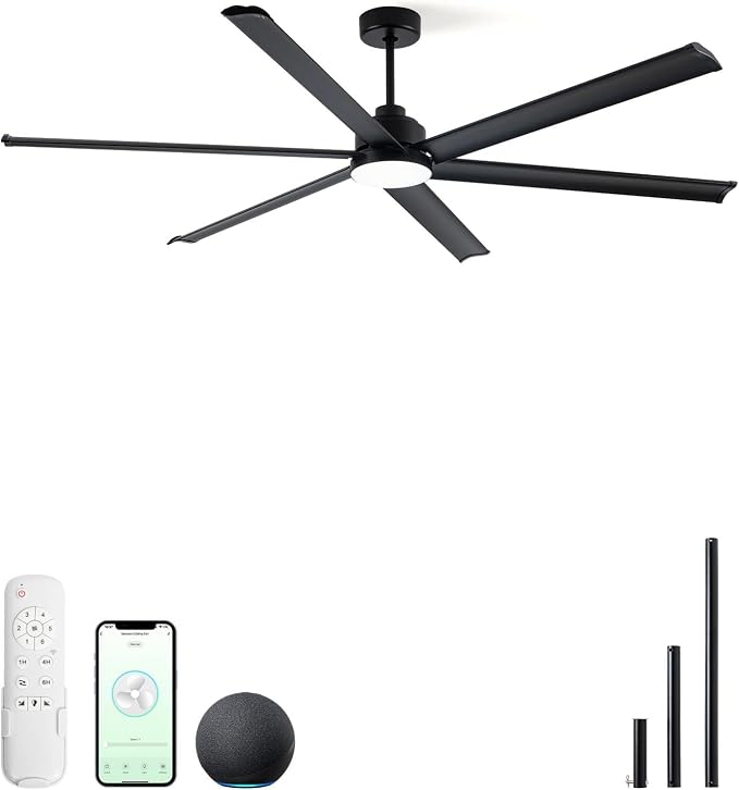 Minislak 84" Smart Alexa Industrial Ceiling Fans with Light,6 Dual-Layer Aluminum Blades,Large Black Ceiling Fan with 6 Speed Noiseless DC Motor,Indoor/Outdoor Ceiling Fan for Patio