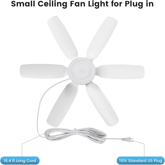 Fanspex 20.5'' Plug in Ceiling Fan with Light for Gazebo Patio Canopy Tent | 5 Fan Speeds with Adjust Lighting for Porch RV Cooling or Air Circulation, White