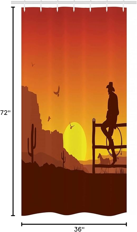 Ambesonne Western Stall Shower Curtain, Silhouette of Cowboy in Wild West Sunset Scene American Culture Image Print, Fabric Bathroom Decor Set with Hooks, 36" W x 72" L, Burnt Orange