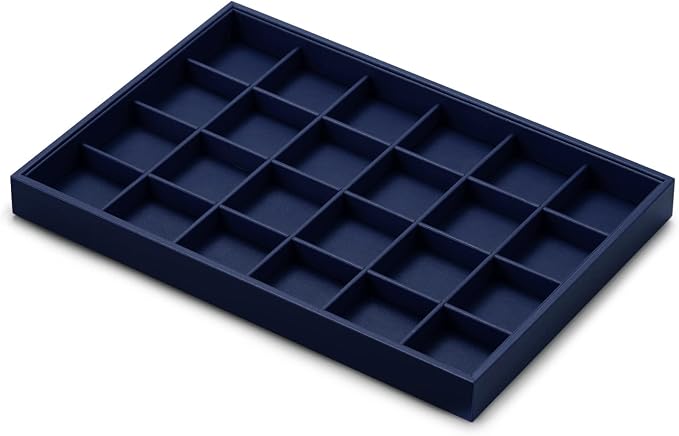 Oirlv Stackable Premium Leather Jewelry Trays 24 Grid Jewelry Organizer for Drawer Rings Earrings Holder Organizer | Blue Leather Exterior, Soft Microfiber Interior, 24 Grid Inserts, Elegant Blue Color, Versatile Jewelry Organizer