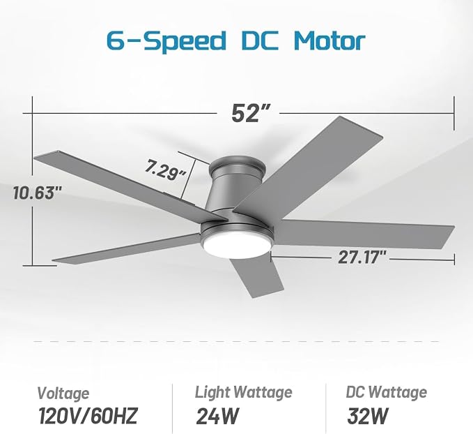 wurzee 52 Inch Flush Mount Ceiling Fan, Matte Silver Ceiling Fan with Light, Reversible DC Motors, Dimmable,Timer, Noiseless, Ceiling fan for Indoor & Outdoor Farmhouses, Dining Rooms