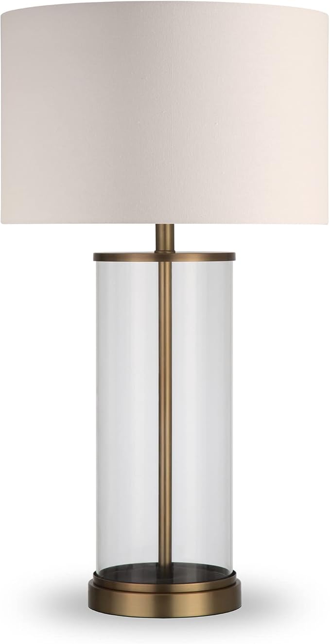 Henn&Hart 28" Tall Table Lamp with Fabric Shade in Antique Brass/White, Lamp, Desk Lamp for Home or Office