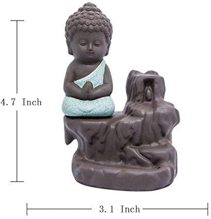 Incense Burner Smoke Waterfall Backflow Holder Ceramics Porcelain Buddha Little Monk Tower Cones Sticks Ash Catcher(Green)