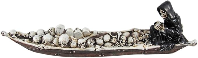 DWK Grim Reaper Skull Boat Decorative Incense Holder | Grim Reaper Decoration Large Incense Burner | Skull Decor Gothic Bookshelf | Reaper Figurines - 10L