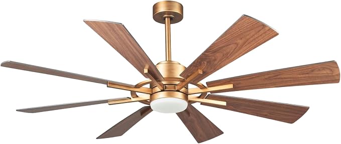 60 inch Gold Ceiling Fan, Indoor & Outdoor Large Ceiling Fans with Lights and Remote, 8 Blades, Quiet DC Motor, High Ceiling Fan for Kitchen Living Room Garage, 3 CCT, 6 Speed, Timer