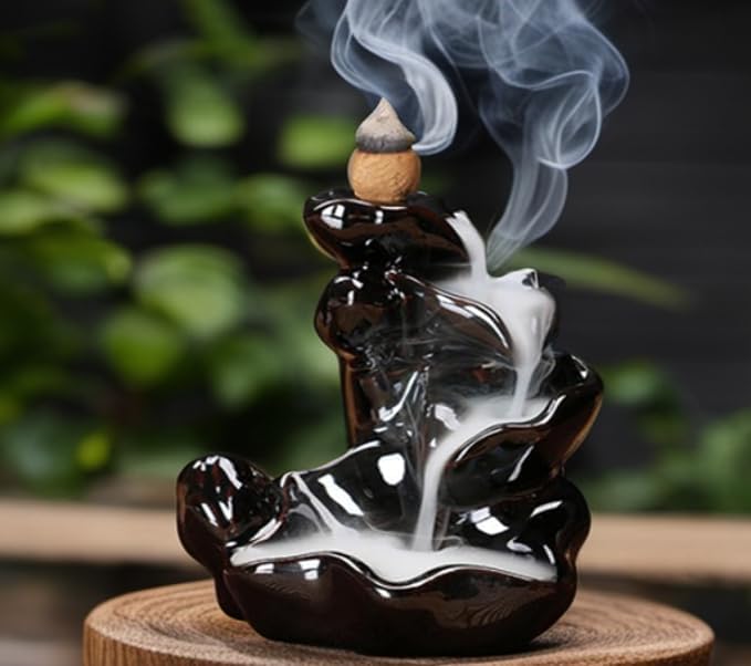 Waterfall Incense Burner, Lotus Backflow Incense Holder Ceramic Censer Cones Sticks Porcelain Holder with 60 Free Mixed Aromatherapy Cones