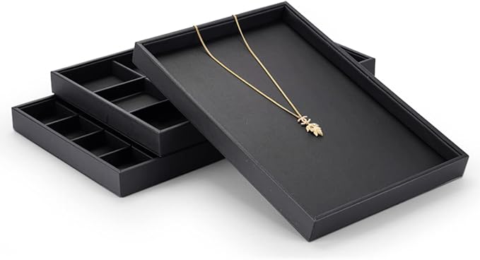 Oirlv Leather Jewelry Display Tray Black | Black Leather Exterior, Soft Velvet Lining, 13.78"X9.45"X1.18" Tray, Versatile Storage for Rings/Earrings/Necklaces
