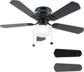 42 Inch Ceiling Fan Traditional: Flush Mount Indoor LED Ceiling Fans with Light - Pull Chain - Dual Finish Blades - Reversible Motor（Matte Black）