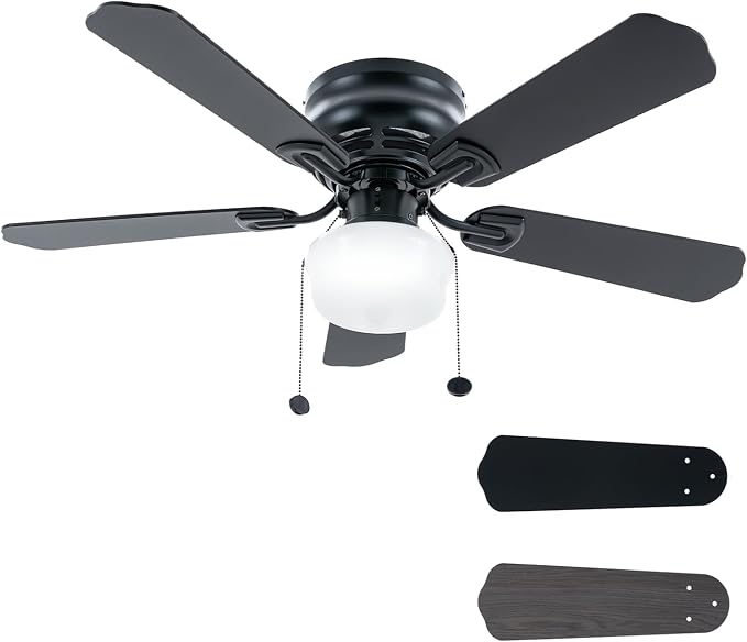 42 Inch Ceiling Fan Traditional: Flush Mount Indoor LED Ceiling Fans with Light - Pull Chain - Dual Finish Blades - Reversible Motor（Matte Black）