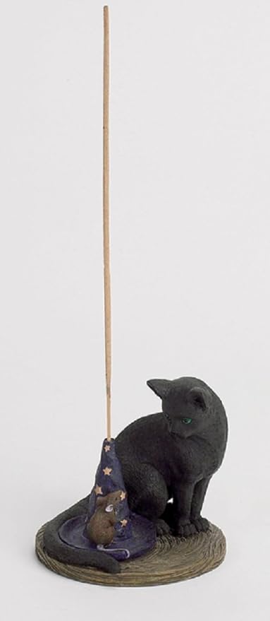 Fantasy Gifts Magical Black Cat and Mouse Incense Burner Holder with Sorcerer Magicians Hat