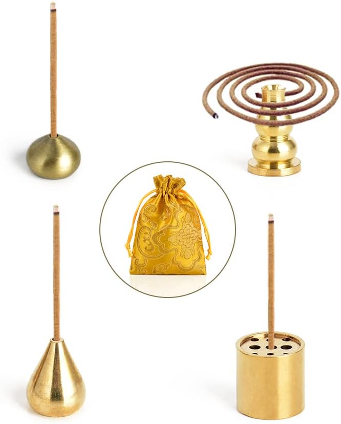 Sakura Flower Incense Holder, 5PCS Bronze Incense Burner Holder with Silk Pouch, Two Styles Drop-Shape, Cylinder Multihole and Gourd-Shape Ash Catcher Yoga Room Bedroom Home Fragrance