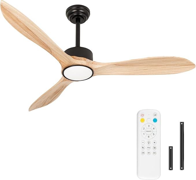Wood Ceiling Fan with Lights,52Inch Ceiling Fans with Remote Control,Dimmable Light,3 CCT,6 Speeds,Noiseless DC Motor,2 downrod,Ceiling Fan for Bedroom,Living Room,Indoor