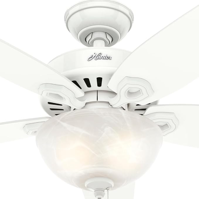 Hunter 42 inch Indoor Ceiling Fan with LED Light - White Ceiling Fan with Pull Chain, For Bedroom or Living Room, Standard Mount, No Remote, 5 Blades, Includes Bulbs - Builder 52217, Snow White