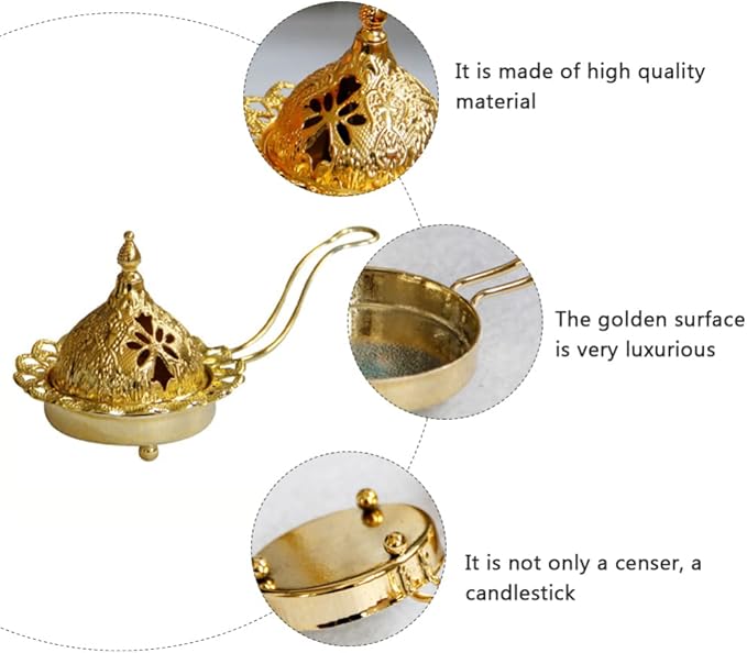 Veemoon Arabian Incense Burner, Frankincense Cone Charcoal Burner Vintage Bakhoor Arabian Diffuser Metal Oud - Stove Cover and Bowl - Gold Aroma Incense for Home Decoration