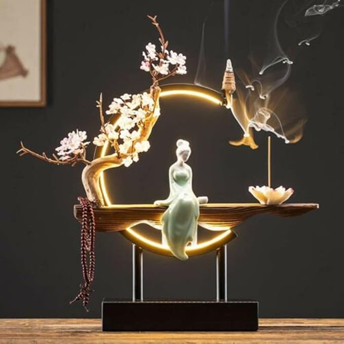 TFCFL Backflow Incense Holder with LED Light Ring, Chinese Style Handmade Flower Censer Incense Burner Home Decor Aromatherapy Ornament Incense Holders with Backflow