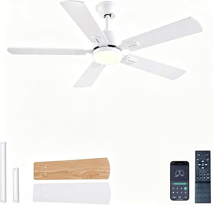 FUMLTP 46 inch Modern White Ceiling Fans with Lights APP/Remote Control, Low Profile Reversible 6 Speeds Ceiling Fan Light for Indoor/Outdoor Patio Bedroom Living Room