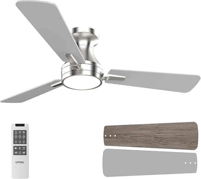 OPONL Ceiling Fan with Light, 42 inch Low Profile Ceiling fan with Light and Remote Control, Reversible, 6CCT, Dimmable, Noiseless, Nickel Ceiling Fan for Bedroom, Indoor/Outdoor Use, Modern