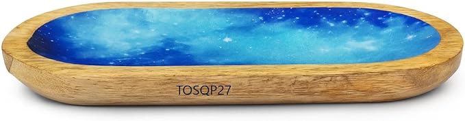 TOSQP27 Incense Burner Holder Ash Catcher for Sticks, Home Incent Burner Wooden Handmade Modern Gift Wood Decor – Blue Resin Art Tray | for Aromatherapy, Meditation, Yoga & Home Fragrance Decorative