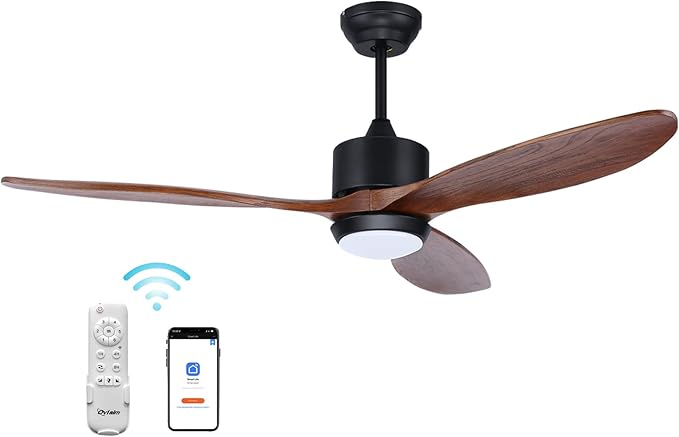 Ovlaim 60 Inch Wood Ceiling Fan with Light, Quiet DC Motor, Smart 6-Speed | 35dB Quiet, Solid Wood Blades, 3-Color Dimmable, Memory Function, App & Voice, Reversible Motor, Living Room Patio