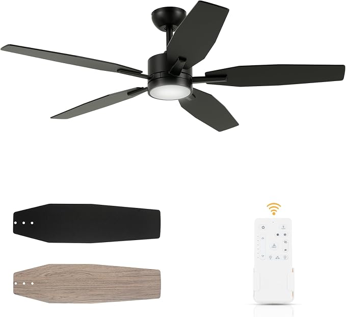 52" Ceiling Fan for Living Room - 5 Blades Modern Ceiling Fan with Light for Bedroom - Quiet DC Motor - 3CCT - 6 Speeds - Dimmable - Reversible Function - Black