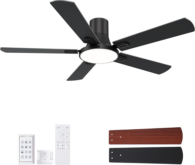 SNJ 52 Inch Black Ceiling Fans with Lights and Remote,Flush Mount Low Profile 5 Blades Ceiling Fan,Dimmable Quiet Reversible DC Motor for,Living Room,Bedroom and Patio