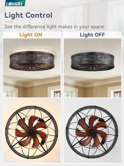 LEDIARY 20" Caged Ceiling Fans with Lights,Low Profile Flush Mount Enclosed Bladeless Farmhouse Ceiling Fan with Light and Remote,Black Vintage Victorian Rustic Fandelier for Bedroom,Kitchen,Indoor