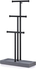 Love-KANKEI 3-Tier Jewelry Holder,Adjustable Height,Black/Weathered Grey | Metal Rod,Solid Wood Base,Easy to Install,Tree Style,Display Long Necklaces,Bracelets,Earrings,Rings,Watches,Bangles,Gift