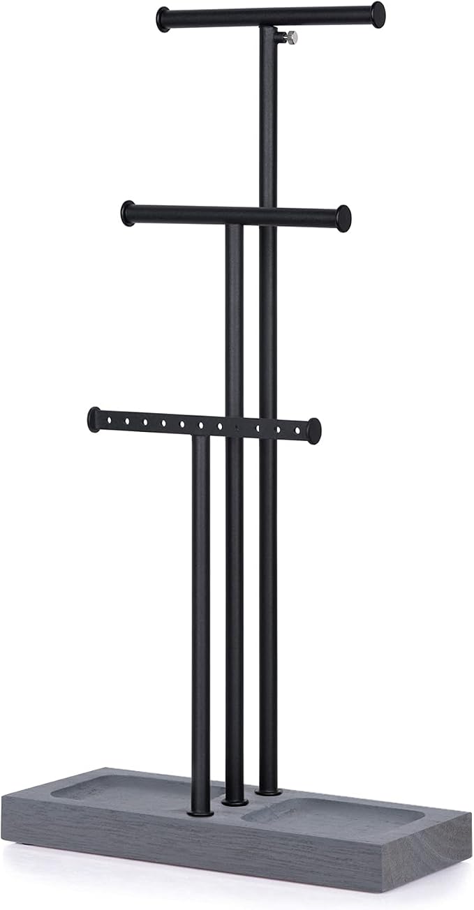 Love-KANKEI 3-Tier Jewelry Holder,Adjustable Height,Black/Weathered Grey | Metal Rod,Solid Wood Base,Easy to Install,Tree Style,Display Long Necklaces,Bracelets,Earrings,Rings,Watches,Bangles,Gift