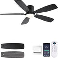 FUMLTP 52inch Ceiling Fans with Lights, Low Profile Ceiling Fan with Light and Remote Control/APP Control, Flush Mount, Reversible DC Motor, Dimmable, Noiseless, Black Ceiling Fan for Bedroom