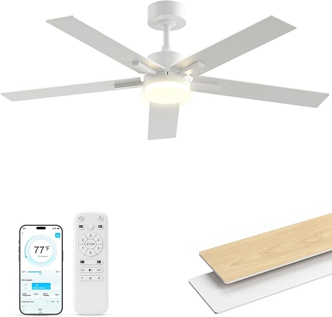 Obabala Ceiling Fan with Light 52 Inch, DC Motor Ceiling Fan with Remote and APP Control, Dimmable LED Color Changing, Reversible Quiet Fan for Bedroom Living Room Indoor Outdoor, Modern