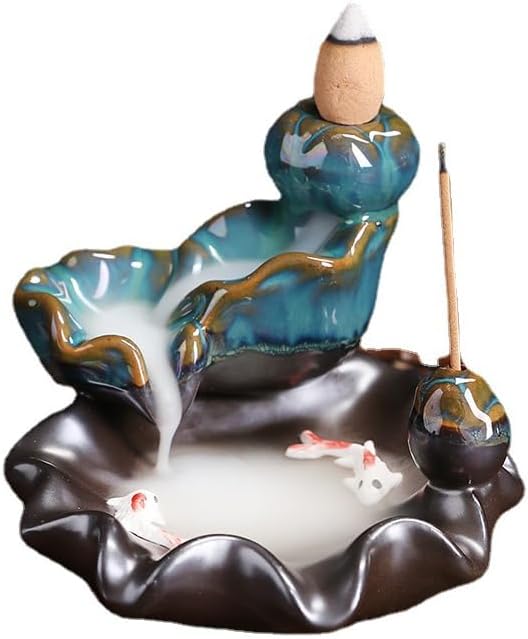 ARFUKA Ceramic Backflow Incense Burner Lotus & Koi Waterfall Design with Hypnotic Smoke Effect, Zen Meditation Decor for Home Office Yoga Room (Asian Inspired Aromatherapy Art)