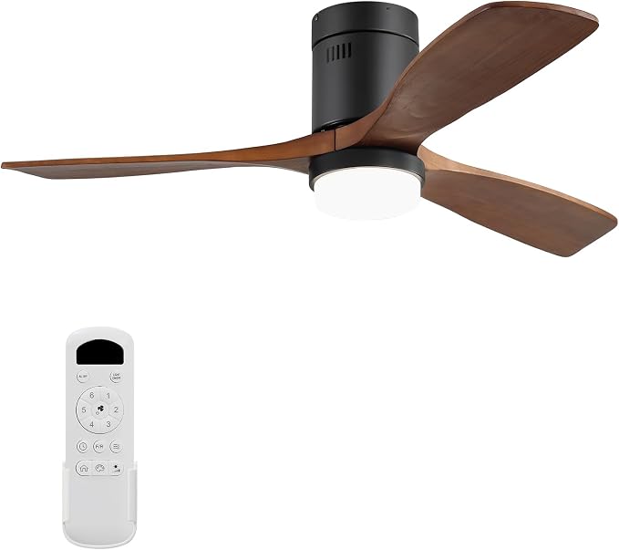 Sofucor 52 Inch Low Profile Ceiling Fans with Light, Modern Flush Mount Solid Wood Ceiling Fan with Airflow 5000CFM, Quiet DC Motor, 6 Speeds, Timer & Reversible for Living Room Bedroom, ETL, Walnut
