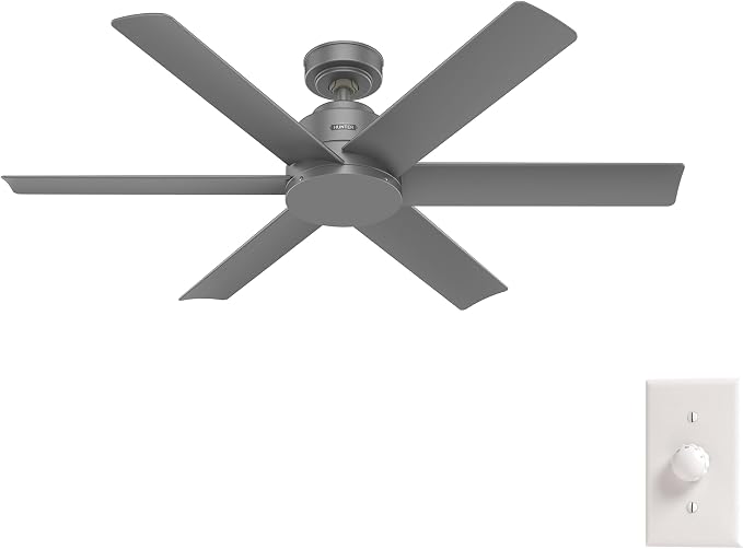 Hunter Kennicott, Outdoor or Indoor, Ceiling Fan, 52 inch, Matte Silver | No Light, Standard Mount, Wall Control, 6 Blades, For Living Room, Patio, Porch, Garage, 51179