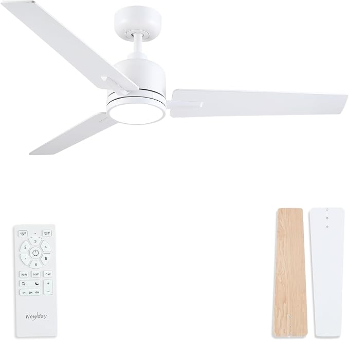 Newday 48 Inch Ceiling Fans with Lights Remote, White Ceiling Fans Dimmable 3 Color Temperature, Timer, 3 Blades, 6 Speed Modern Fan Quiet Reversible DC Motor for Indoor or Covered Outdoor