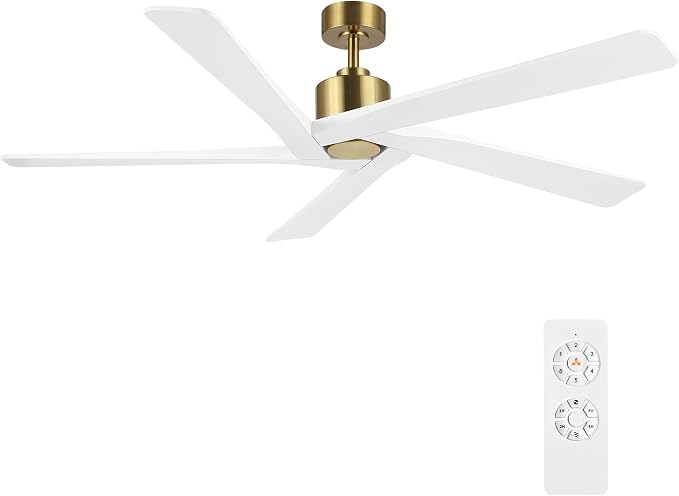 WINGBO 64 Inch DC Ceiling Fan without Lights, 5 Reversible Carved Solid Wood Blades, 6-Speed Noiseless DC Motor, Ceiling Fan No Light with Remote, Brass Finish with White Blades, ETL Listed